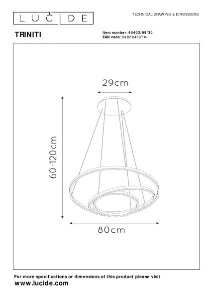 Lucide TRINITI - Hanglamp - Ø 80 cm - LED Dimb. - 3000K - Zwart - technisch